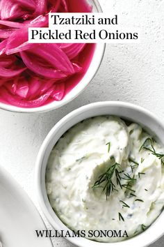 two white bowls filled with red onions next to a bowl of pickled onions on a table