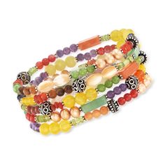 Ross-Simons - Multi-Gemstone Jewelry Set: Five Bead Stretch Bracelets, Silver. An RS exclusive. Gorgeous bracelets stack up in this stylish set, featuring a colorful mix of 4-6mm round yellow agate, 4-4x13mm multicolored and multi-shaped aventurine beads, 4mm red and orange carnelian beads, 5-5.5mm champagne cultured freshwater pearls, 6mm marquise mother-of-pearl beads, 6mm round lemon serpentine beads, 7.50 ct. t. w. amethyst, 5.75 ct. t. w. peridot, 3.20 ct. t. w. iolite, 4mm round and 4x13mm rectangular tigereye, 4-6mm round orange goldstone and 4mm round jade beads. Bracelets stretch to fit most wrists. Adorned with ornate beads in oxidized sterling silver. Multi-gemstone bracelet set. Bead Stretch Bracelets, Bracelets Stack, Memory Wire Jewelry, Stone Bead Jewelry, Peridot Color, Yellow Agate, Wire Bracelets, Orange Carnelian, Bracelets Silver