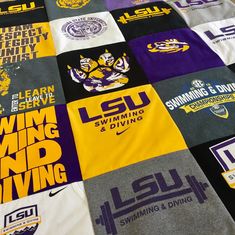 a quilt made up of various t - shirts with the words lsu on them in purple, yellow and white