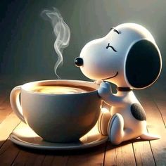 a cartoon dog sitting next to a cup of coffee with steam coming out of it