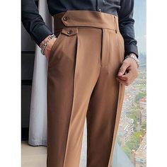 Season:Spring Summer; Fabric:Polyester; Gender:Men's; Style:Elegant,Vintage; Occasion:Outdoor,Going out,Daily; Fit Type:Regular Fit; Function:Comfort,Soft,Breathable; Waistline:Mid Waist; Pattern:Plain; Design:High Rise; Pants Type:Gurkha Pants,Suit Pants,Pleated Pants,Trousers,Dress Pants; Front page:FF; Listing Date:07/12/2023; Hips:; Length:; Waist: