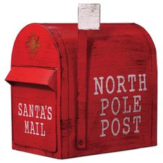 a red mailbox with santa's pole post written on the front and side