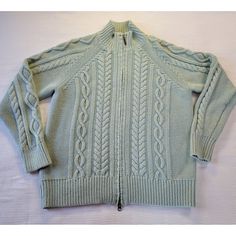 Eddie Bauer Full Zip Sweater, Cable Knit, Size Large. Seafoam Green. Zipper present and working as it should. No obvious signs of wear. No stains, rips or tears. Gently used preowned condition. Made of 60% Cotton, 40% Acrylic. Please see pictures for measurements and details. Seafoam Green, Zip Sweater, Eddie Bauer, Cable Knit, Sweater Outfits, See Pictures, Sweat Shirt, Favorite Outfit, Bathing Beauties