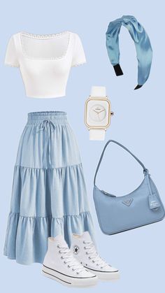 Light Blue Skirt Outfit Ideas, Blue Modest Outfit, Royal Blue Skirt Outfit Ideas, Blue And White Aesthetic Outfit, Light Blue Casual Denim Skirt, Fun Outfits Aesthetic, Baby Blue Outfit Ideas, Cute Blue Outfits Aesthetic, Light Blue Aesthetic Outfit