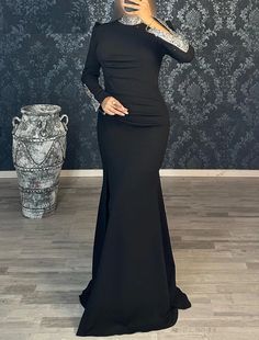 Elegant Mermaid Formal Wedding Guest Floor Length Long Sleeve High Neck Dress Stretch Fabric with Sequin Evening Dress Mermaid Black Dress, Prince Aemond Targaryen, Glittering Dress, Black Dress Plus Size, Targaryen Princess, Long Sleeve High Neck Dress, One Day Inshallah, Princess Eleanor, Dress Formal Wedding Guest