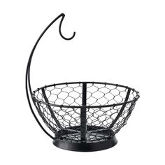 a black wire basket with an umbrella hook on the top, and a white background