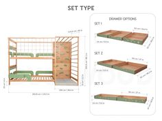 bunk beds with drawers are shown in three different sizes and shapes, including the bottom one is