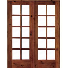 a wooden door with two glass panels