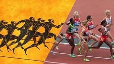 a group of women running across a track next to an image of the same team