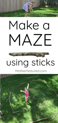 two pictures with the words make a maze using sticks on them and an image of a child