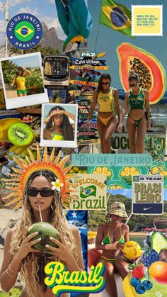 the collage is made up of photos and people in bikinis, with fruit