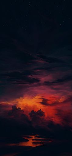 an orange and red sunset with clouds in the sky over water at night, as well as stars above