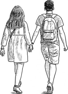 a man and woman walking down the street holding hands, sketched on white paper