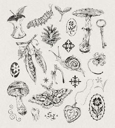 an ink drawing of many different things in the shape of flowers and butterflies on paper