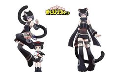 an anime character with black hair and cat ears is standing next to another character in the same outfit