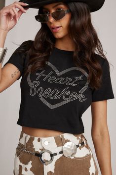 Heartbreaker Black Rhinestone Graphic Tee Y2k Crew Neck T-shirt For Night Out, Trendy Black T-shirt With Heart Print, Black Rhinestone T-shirt For Streetwear, Trendy Heart Print Tops For Streetwear, Edgy Letter Print T-shirt For Night Out, Y2k Graphic Print T-shirt For Night Out, Y2k Black T-shirt For Night Out, Y2k Style Crew Neck T-shirt For Night Out, Black Trendy T-shirt With Heart Print