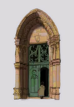 a drawing of a person standing at the entrance to a building with an arched doorway