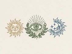 three sun, moon and eye symbols in different colors