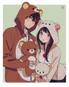 two people are holding teddy bears in front of them and one is wearing a bear costume