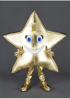 a gold star shaped balloon with a smiling face on it's chest and legs