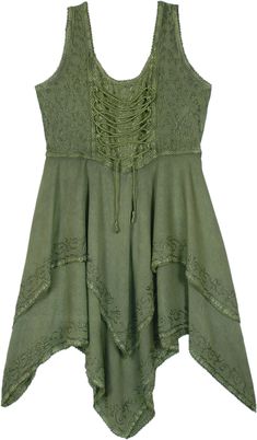 A vintage-style free-flowing sleeveless rayon dress with an asymmetrical hemline and fine embroidery details. This high-low western dress has a scooped neckline, a relaxed flowy silhouette, an adjustable tie-up lace at the front, and a partial smocked elastic at the back for a better fit. #tlb #Sleeveless #Stonewash #Embroidered #HighLow #vacationclothing #bohemianfashion #XLPlus #VintageDress #PixieDress Summer Festival Dress With Asymmetrical Hem, Flowy Bohemian Dress With High-low Hem, Bohemian Flowy Dress With High-low Hem, Bohemian High-low Hem Flowy Dress, Bohemian Festival Dresses With Handkerchief Hem, Bohemian Dress With Handkerchief Hem For Festivals, Asymmetrical Hem Dress For Festival, Sleeveless Rayon Dress For Festival, Forest Dress Aesthetic