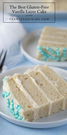 there is a piece of cake that is on the plate and has blue beads around it