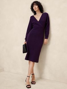 Overlap-Neck Midi Dress | Banana Republic Factory Elegant Fall Midi Length Wrap Dress, Elegant V-neck Midi Dress For Fall, Elegant V-neck Dress With Surplice Neckline For Fall, Elegant Long Sleeve Wrap Dress For Winter, Formal V-neck Midi Dress For Fall, Fall Formal V-neck Midi Dress, Chic Winter Dress With Surplice Neckline, Elegant Winter Dresses With Surplice Neckline, Elegant Winter Wrap Dress