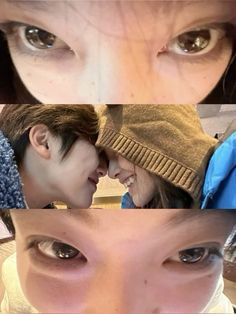 three different pictures of two people with brown eyes and one is kissing the other's forehead