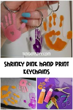 handprint keychains made with shrinky pink and orange paint are shown in this collage