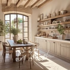 the kitchen is clean and ready to be used for cooking or dining, with open shelving