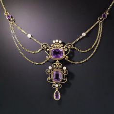 Victorian Amethyst and Pearl Swag Necklace - Antique & Vintage Necklaces - Antique & Vintage Jewelry Antique Jewelry Victorian, Victorian Engagement Rings, Clothing Reference, Antique Vintage Jewelry, Round Two, Vintage Fine Jewelry, Victorian Rings, Antique Design, Victorian Jewelry