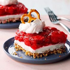 two desserts on plates with forks and utensils