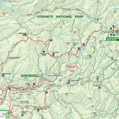 the yosemite national park map is shown in green and has red lines on it