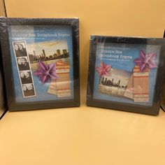 two framed pictures with purple bows on them