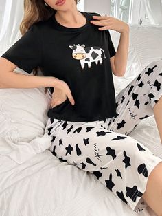 Cute Cow Print Short Sleeve & 3/4 Pants Women Pajama Set Black Casual-Woman    Animal,Cartoon,Textured Pattern Short Sets Medium Stretch All Women Sleep & Lounge, size features are:Bust: ,Length: ,Sleeve Length: Black Short Sleeve Sleepwear With Graphic Print, Graphic Print Short Sleeve Sleepwear, Short Sleeve Cartoon Print Sleep Top, Black Cat Ears Headband, Casual Cartoon Print Short Sleeve Sleepwear, Short Sleeve Sleep Sets With Character Print, Up Hairdos, Pajama Set Women, Cute Cows