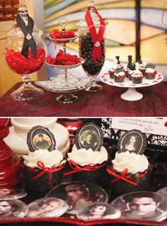 the dessert table is decorated with red, black and white cupcakes on them