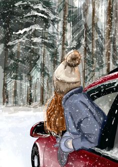 a person sitting on top of a red car in the snow next to a forest