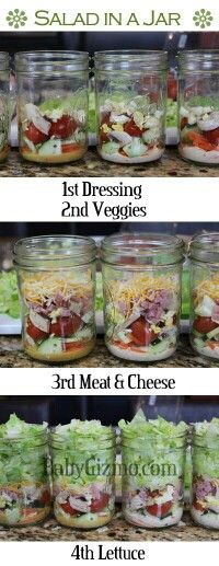 four different types of salads in jars with the words, salad in a jar