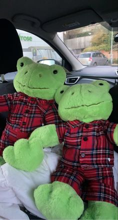 two stuffed animals sitting in the back seat of a car, one is green and the other is red