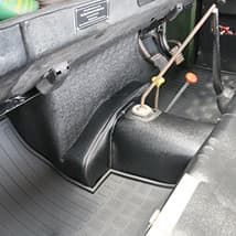 the interior of a vehicle with black leather seats