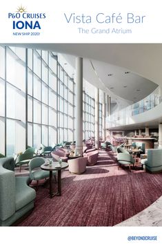 an image of a lobby with lots of chairs and tables in front of large windows