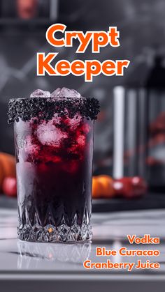 a cocktail with blue curaco cranberry juice on the side and text crypt keeper