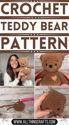 the crochet teddy bear pattern is shown with instructions to make it