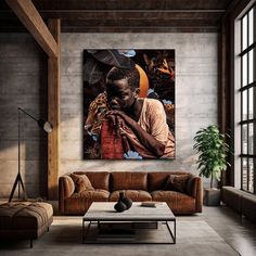 a living room with a couch, coffee table and painting on the wall above it