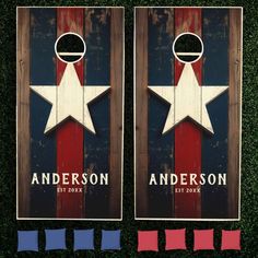 two cornhole game boards with red, white and blue stars