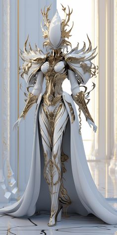 a white and gold costume is standing in front of a wall with columns on it