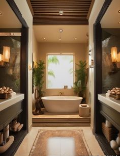 a bath room with a tub a sink and some plants in the window sill