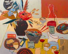 an abstract painting of food and wine on a table with flowers in a vase,