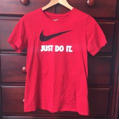 Never Worn! Red Size L Nike T Shirt Nike Casual Top In University Red, Red Nike T-shirt For Summer, Nike Red T-shirt For Summer, Nike Red Graphic Tee Top, Nike Red Graphic Tee, Casual University Red Tops With Logo Print, Spring Red T-shirt With Logo Print, Tops Nike, Nike Shirt