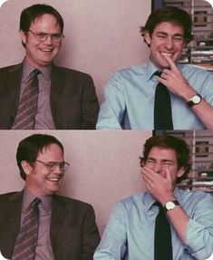 four pictures of a man with glasses and a tie smiling at the camera while holding his hand to his mouth